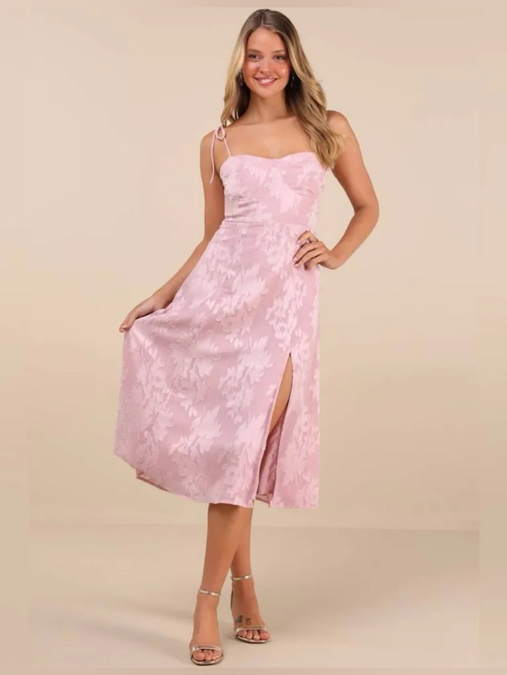 NWT Lulus Loveliest Looks Pink Floral Jacquard Midi Dress Coquette Wedding Guest